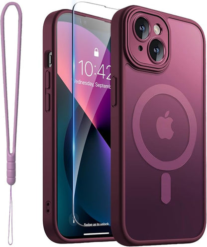 ROYBENS for iPhone 13 Matte Clear Case Compatible with Magsafe, Full Camera Lens Protection, Screen Protector, Wrist Strap, Translucent Magnetic Slim Hard Protective Phone Cover,6.1-Inch, Wine-Red