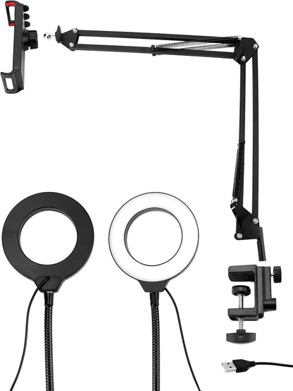 QWORK Overhead Camera Mount, Phone Mount with Ring Light, Flexible Articulating Phone Arm Stand, Phone Holder Stand, Phones Mount Clamp on Desk, for Live Stream, Video Recording and Online Teaching