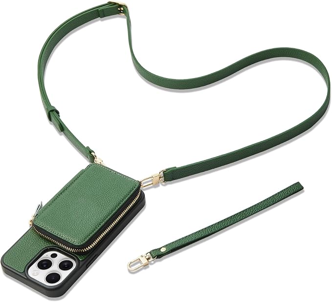 ZVE for iPhone 14 Pro Crossbody Wallet Case, Zipper Leather Phone Case with RFID Blocking Card Holder Wrist Strap Compatible with iPhone 14 Pro, 6.1 inch, Dark Green