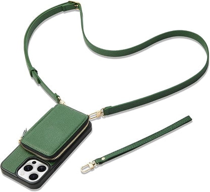 ZVE for iPhone 14 Pro Crossbody Wallet Case, Zipper Leather Phone Case with RFID Blocking Card Holder Wrist Strap Compatible with iPhone 14 Pro, 6.1 inch, Dark Green
