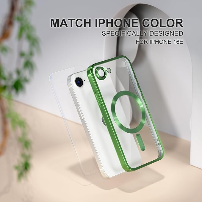 Misea Magnetic for iPhone 17e / 16e Case Compatible with MagSafe [Never Yellowing] [Military Grade Drop Protection] Full Camera Lens Protector Plating Soft Clear Phone Case for Women 6.1 inch, Green