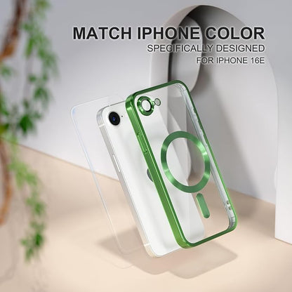 Misea Magnetic for iPhone 17e / 16e Case Compatible with MagSafe [Never Yellowing] [Military Grade Drop Protection] Full Camera Lens Protector Plating Soft Clear Phone Case for Women 6.1 inch, Green