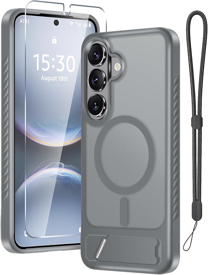 RMOCR for Samsung Galaxy S26+ Plus Case with Screen Protector+Lanyard Wrist Strap,Magnetic Translucent Matte Rugged Slim Phone Cover Built in Invisible Kickstand [Fit for MagSafe],2026 Grey