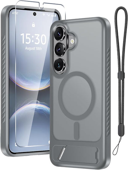 RMOCR for Samsung Galaxy S26+ Plus Case with Screen Protector+Lanyard Wrist Strap,Magnetic Translucent Matte Rugged Slim Phone Cover Built in Invisible Kickstand [Fit for MagSafe],2026 Grey