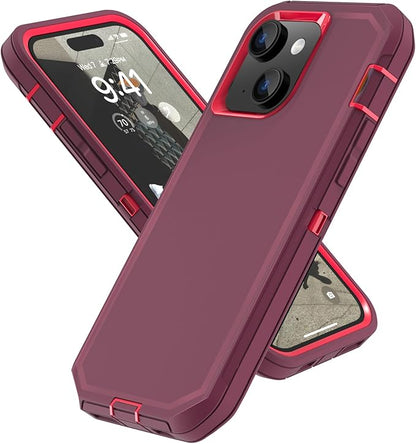 Sansunto for iPhone 16e Case, Protective Cover for 13, 14, 15, 16E 6.1", Heavy Duty Shockproof Drop Proof 3 in 1 Silicone Rubber Cover, Rugged Hybrid Durable Phone Cases for Women (Burgundy)