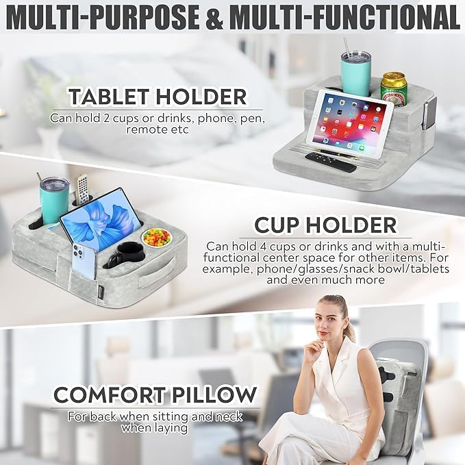 TabCouchCaddy - Couch Cup Holder Tray Pillow - Bed, Couch Caddy, Sofa, RV & Car - Holds Drinks, Snacks, Remotes, Phones, Kindle, Tablet | Bed Cup Holder (Grey)