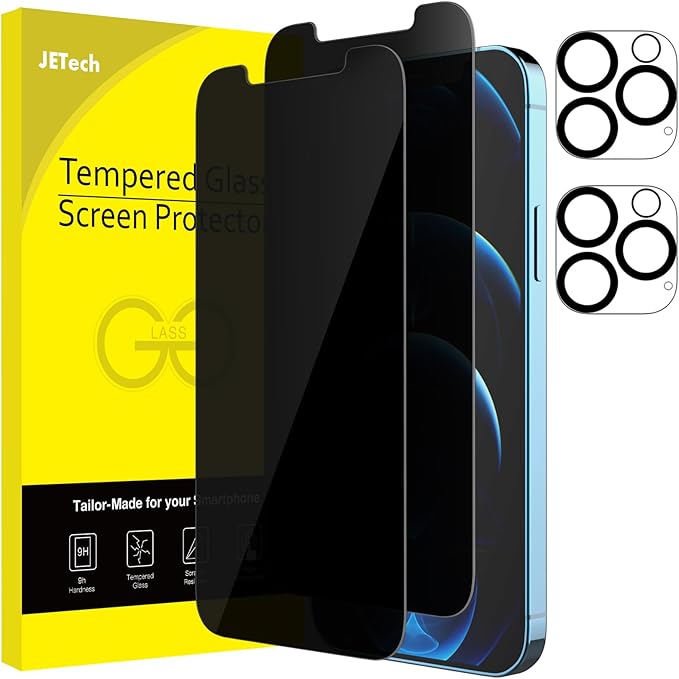 JETech Privacy Screen Protector for iPhone 12 Pro Max 6.7-Inch with Camera Lens Protector, Anti Spy Tempered Glass Film, 2-Pack Each