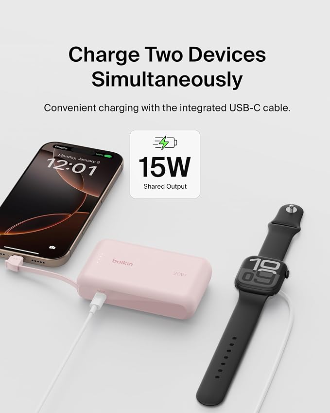 Belkin Portable Charger Power Bank USB C, 10000 mAh w/Integrated Cable, 20W Fast Charge USB-C Power Delivery, iPhone Charger, Apple iPhone 17, Air, Pro, Pro Max, iPad, Samsung Galaxy S25 - Pink