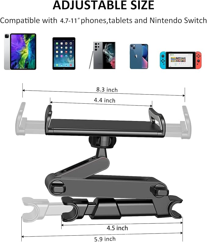 Car Headrest Backseat Mount, 360° Rotating Adjustable Car Backseat Headrest Tablet/Phone Holder, Compatible for All 4"-11" Tablets, cellphones, iPhone, iPad Air Mini,Tabs.