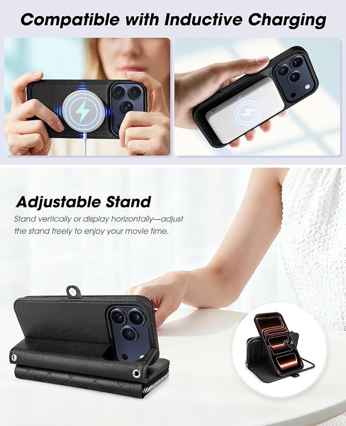OCASE for iPhone 17 Pro Max Crossbody Detachable Wallet Case, PU Leather Handbag Phone Purse with Zipper Closure, Card Slots & RFID Blocking, Wrist Strap, Lanyard, Kickstand, Diamond Check Black