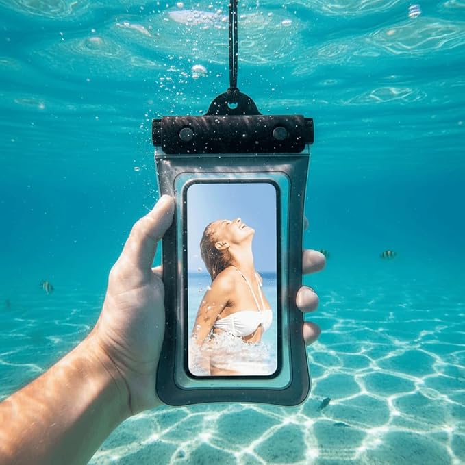 Floating Waterproof Phone Case Full View Swimming Bag Transparent Dry Cover for Underwater Snow Rainforest Use(Black)
