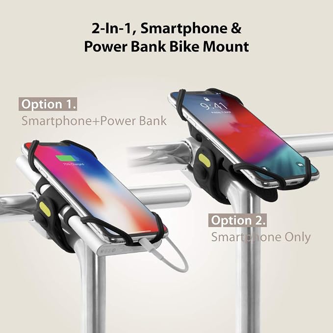Bone Bike Tie Pro Pack 1, Bike Cell Phone + Charger Mount for Stem, Scratch-Free Silicone Holder, Universal Cycling Phone + Power Bank Holder Compatible with Most Smartphone (Black - 2-in-1 Mount)