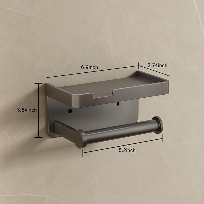 VOLDRA Toilet Paper Holder with Phone Shelf, Self-Adhesive or Screw Toilet Tissue Roll Holder Wall Mount, Rustproof & Multifunctional Bathroom Toilet Paper Holder Storage Dispenser(Gray)