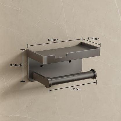 VOLDRA Toilet Paper Holder with Phone Shelf, Self-Adhesive or Screw Toilet Tissue Roll Holder Wall Mount, Rustproof & Multifunctional Bathroom Toilet Paper Holder Storage Dispenser(Gray)