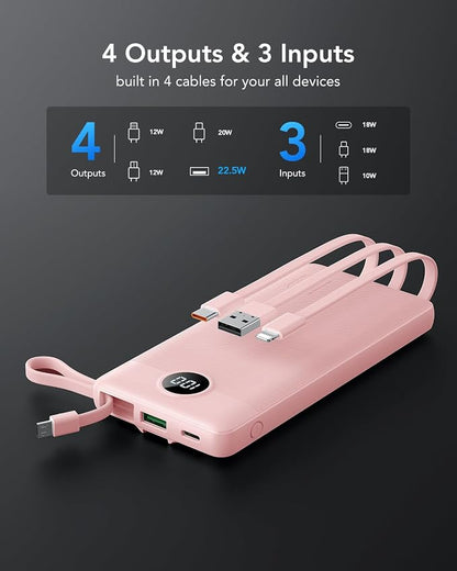 VRURC 22.5W 10000mAh Fast Charging Power Bank Built‑in 4 Cables | Portable Charger Slim,Travel Battery Pack for iPhone, Samsung & Multi Devices, Pocket‑Friendly with Lanyard-Pink(1 Pack)