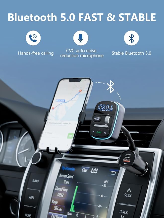 LENCENT Bluetooth FM Transmitter PD 30W, Bluetooth Car Adapter with QC3.0 Fast Charger, Hi-Fi Bass Music, Wireless Radio Receiver Hands-Free Calling, [Color Light]