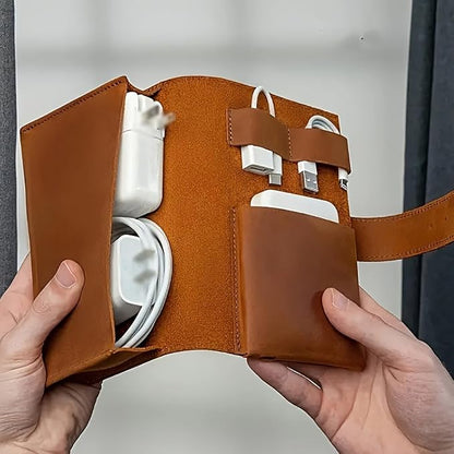 GSHLLO PU Leather Electronic Organizer Travel Case Foldable Phone Cord Storage Case Mobile Phone Charger Organizer Bag Charging Cable Carry Pouch Compact Tech Bag Vintage Power Bank Carry Pouch