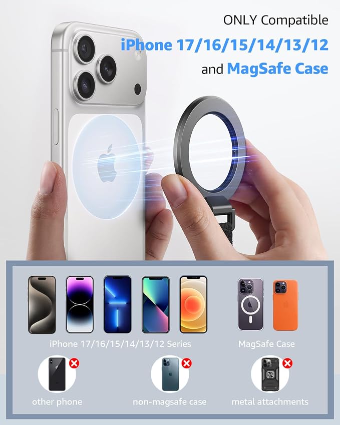 SUPERONE 2025 Upgrade for MagSafe Phone Grip with Finger Strap, Removable MagSafe Ring Holder with Kickstand Finger Loop, Mag Safe Accessories for iPhone 17/16/15/14/13/12 Series, Black