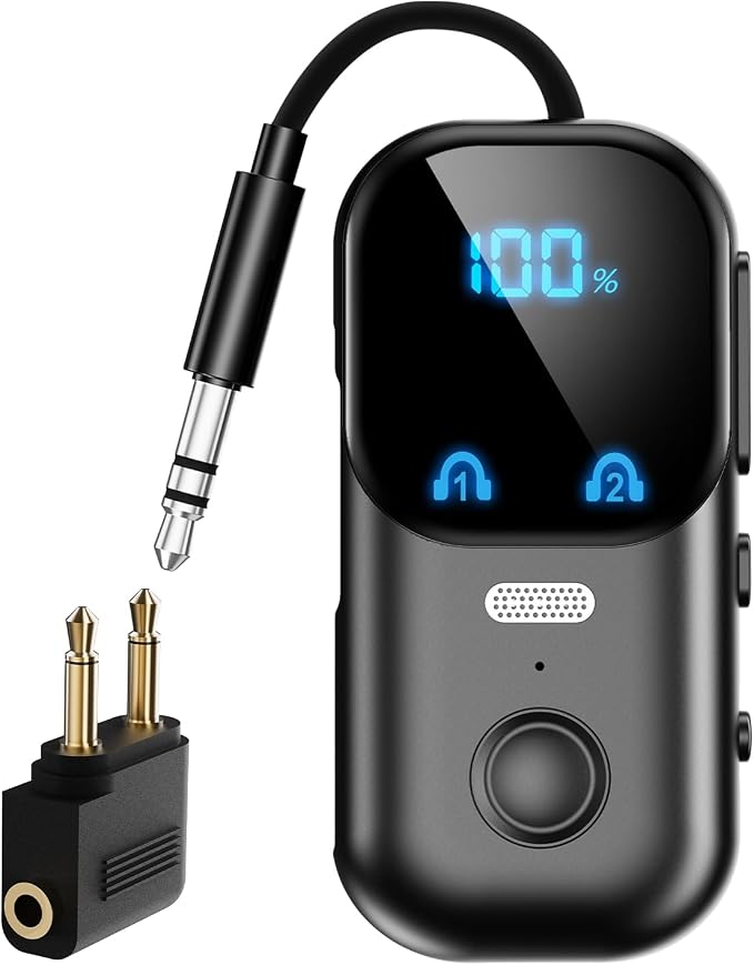 Bluetooth 5.4 Transmitter Receiver aptX Adaptive for 2 AirPods/Headphones, 2-in-1 Bluetooth Audio Adapter with Mic & LED Display for TV, Airplane Travel, 3.5mm AUX Wireless Adapter for Car/Home Stereo