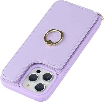 Lipvina for iPhone 13 Pro Case with Card Holder and Strap for Women,Crossbody Lanyard,RFID Blocking,Kickstand Ring Stand,Snap Clasp,Phone Wallet Cases 6.1 inch(Purple)