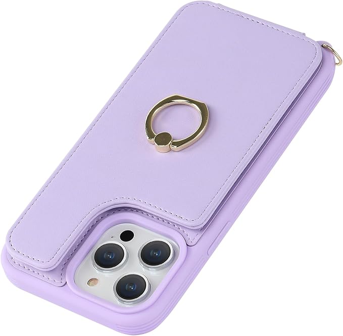 Lipvina for iPhone 12/12 Pro Case with Card Holder and Strap for Women,Crossbody Lanyard,RFID Blocking,Kickstand Ring Stand,Snap Clasp,Phone Wallet Cases 6.1 inch(Purple)