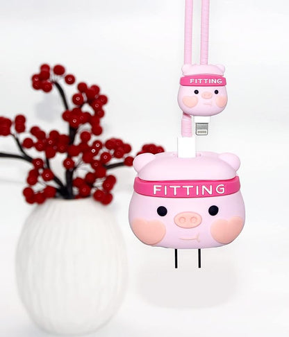 3D Cute Cartoon Charger Protector Case - Compatible for Apple 20W USB-C Power Adapter and Lightning Cable (Pink Pig)