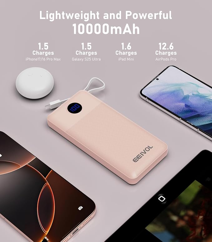 Portable Charger with Built in Cables, Slim 10000mAh Power Bank, USB C Battery Pack Travel, 4 Output 2 Input External Charging Bank for iPhone 17/16/15/14/13,Samsung, Android, etc-Pink(1 Pack)