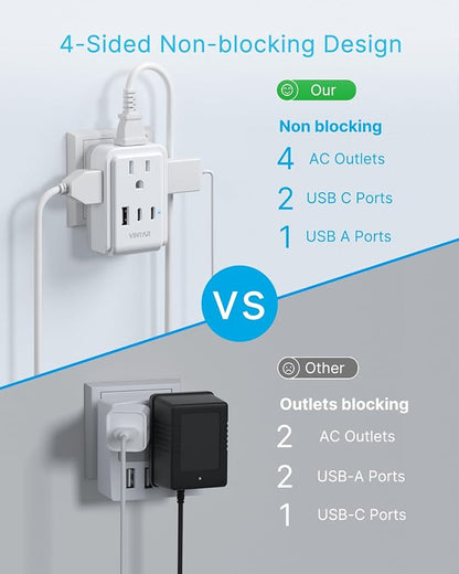 2 Pack European Travel Plug Adapter, VINTAR Europe Adaptor with 4 AC Outlets 3 USB Ports(2 USB C), Type C International Power Adapter for US to Most of Europe EU Italy Spain France Germany Iceland