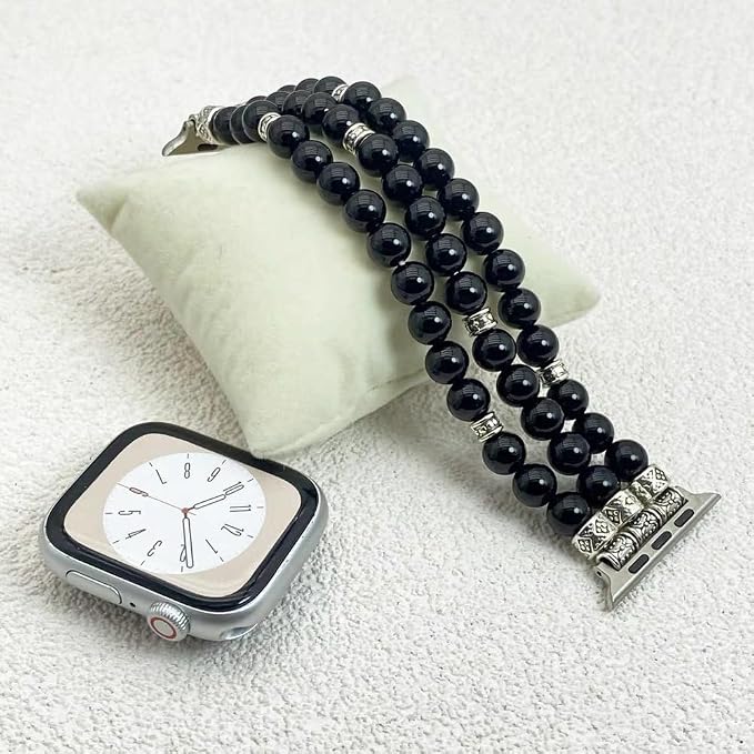 Black Agate Bracelet Compatible for Apple Watch Band 40mm/38mm/41mm Series 9 8 7 SE Series 6/5/4 Women Fashion Natural Gemstone Handmade Stretchy Watch Strap (38mm/40mm/41mm)