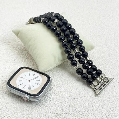 Black Agate Bracelet Compatible for Apple Watch Band 40mm/38mm/41mm Series 9 8 7 SE Series 6/5/4 Women Fashion Natural Gemstone Handmade Stretchy Watch Strap (38mm/40mm/41mm)