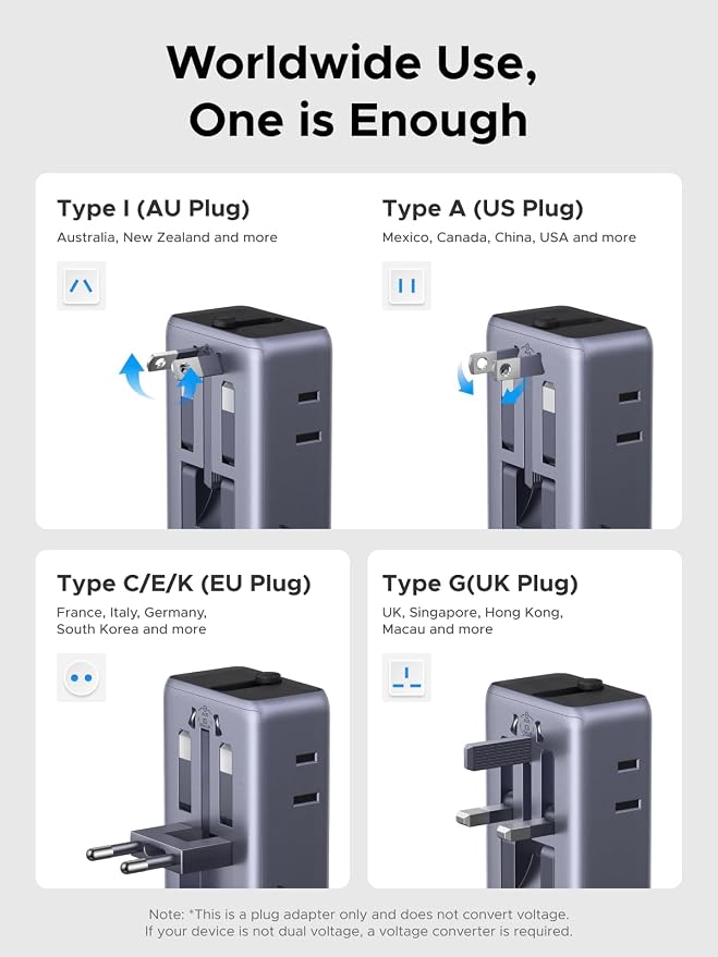 UGREEN 45W Universal Travel Plug Adapter, 6-Port (2 USB-C, 2 USB-A, 2 AC) International Power Adapter, Ultra Thin Power Adapter for 200+ Countries, Worldwide Compact Travel Essentials, Black