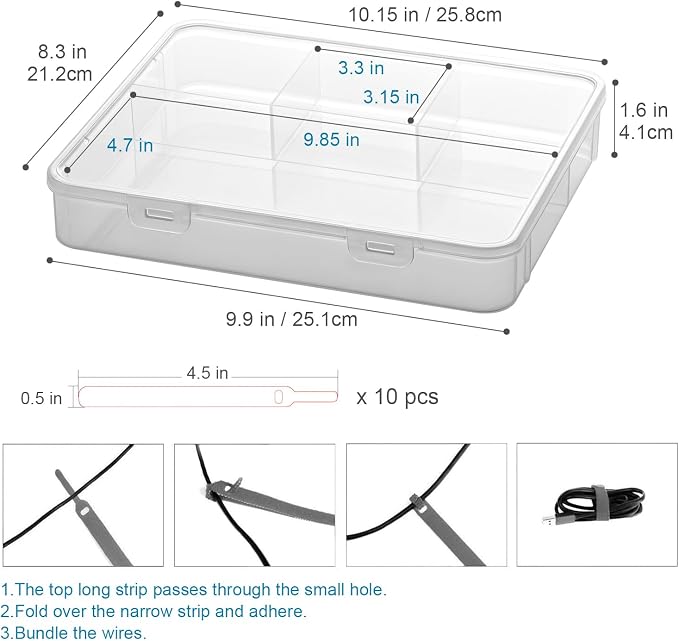 Vidifor 2-Pack Clear Cable Organizer Box with 16 Cable Ties, Portable Cord & Charger Storage for Drawer, Desk, Office & Home (2, Large)