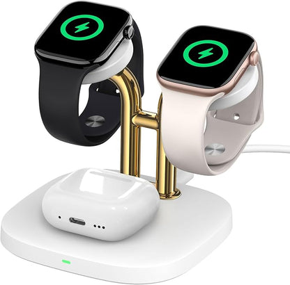 Dual Watch Charger with Fast Charging for Apple Watch, SwanScout 704A, 3-in-1 Wireless Charging Station Stand for Apple Watch Ultra 3/11/10, Wireless Charger Dock for AirPods Pro 3/4/3 (White & Gold)