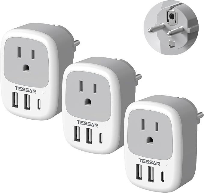 TESSAN 3 Pack Type E F Plug Adapter | Spain Adapter Plug, 3 USB Ports (1 USB C), South Korea Outlet Adapter