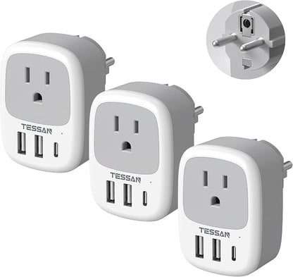 TESSAN 3 Pack Type E F Plug Adapter | Spain Adapter Plug, 3 USB Ports (1 USB C), South Korea Outlet Adapter