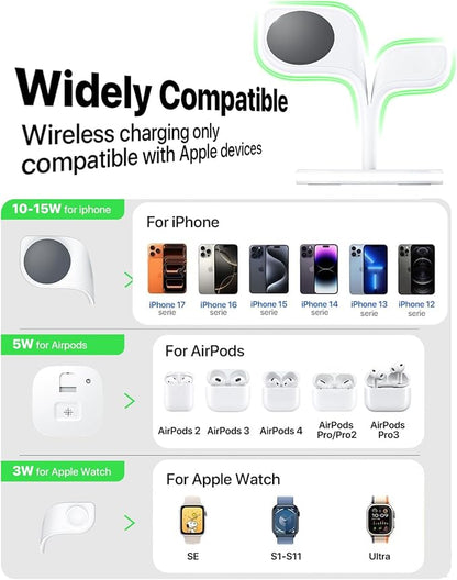 EXW for Magsafe Charger Stand,Charging Station for Multiple Devices,Wireless Charger for iPhone 17 Air 16 15 14 13 12 Series,Apple Watch Series 1-10/Ultra,AirPods Pro with LED and Adapter (White)