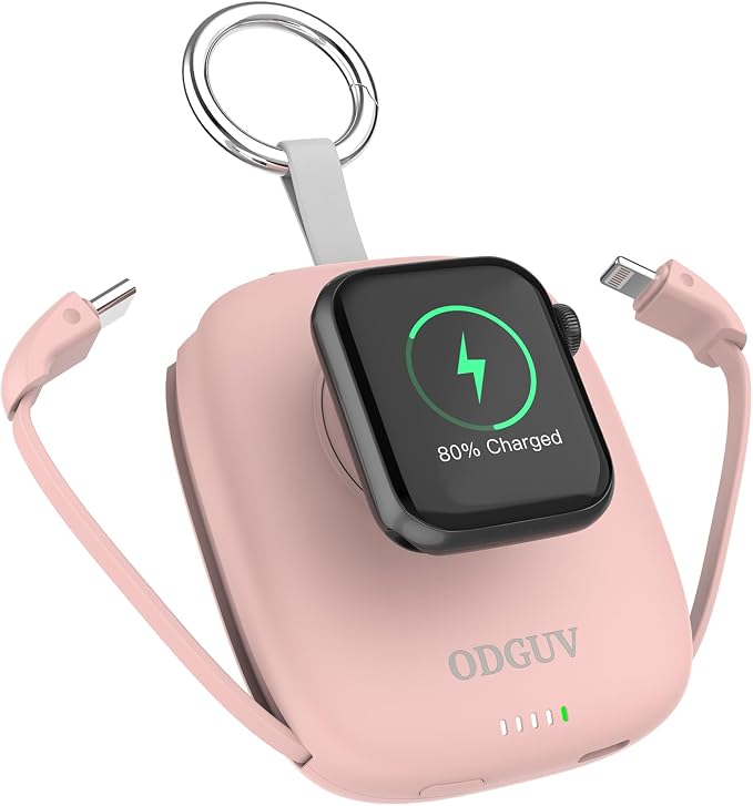 Small Portable Charger 5000mAh,iWatch Wireless Charger Mini Power Bank with Built-in Cable,Travel Keychain Charger for Apple Watch 11/10/9/8/Ultra/7/6/Se/5/4,iPhone 17/16/15/14/13/12,Android Phone