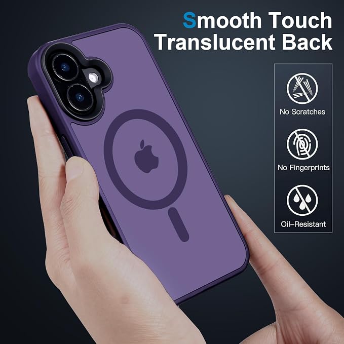 Strong Magnetic Case for iPhone 16 Case [16FT-Grade Drop Tested & Compatible with MagSafe] Translucent Anti-Fingerprint Shockproof Protective Cover 6.1 Inch, Deep Purple