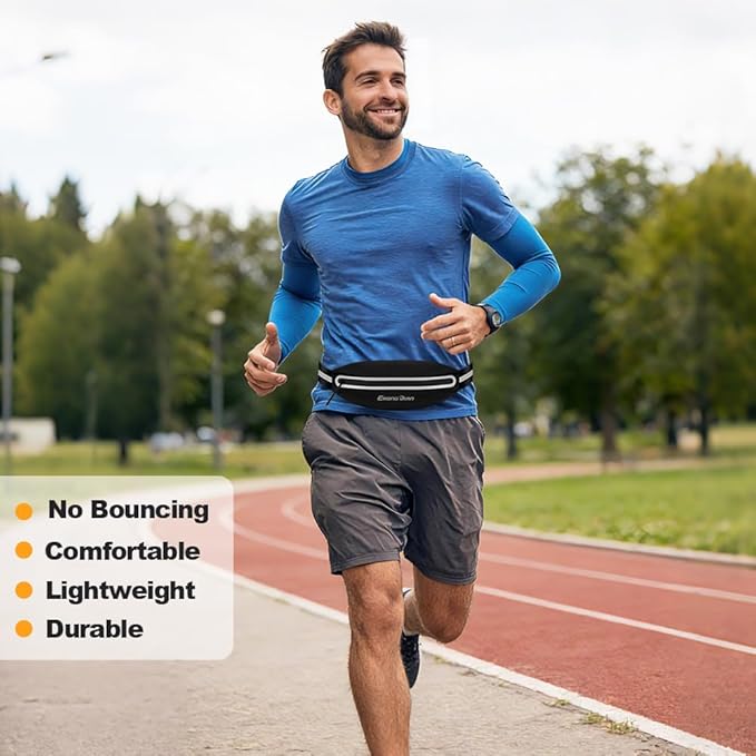 Slim Running Belt for Men, Water Resistant Fanny Pack for Women, Cell Phone Holder for Running Walking Cycling, Adjustable No Bounce Running Waist Pack for iPhone 17 16 15 Samsung - Black