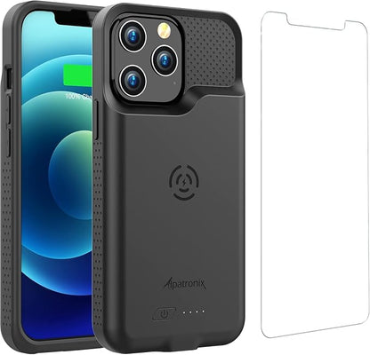Alpatronix Battery Case for iPhone 13 Pro Max/12 Pro Max (6.7 inch), Strong Slim Portable Protective Charger Case Cover, Extended Wireless Charging Case, CarPlay, Certified Connector Chip Black