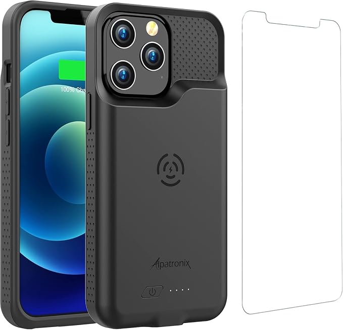 Alpatronix Battery Case for iPhone 13 and iPhone 13 Pro (6.1 inch), Strong Slim Portable Protective Extended Charger Cover with Wireless Charging, CarPlay, Certified Connector Chip (BX13) – Black