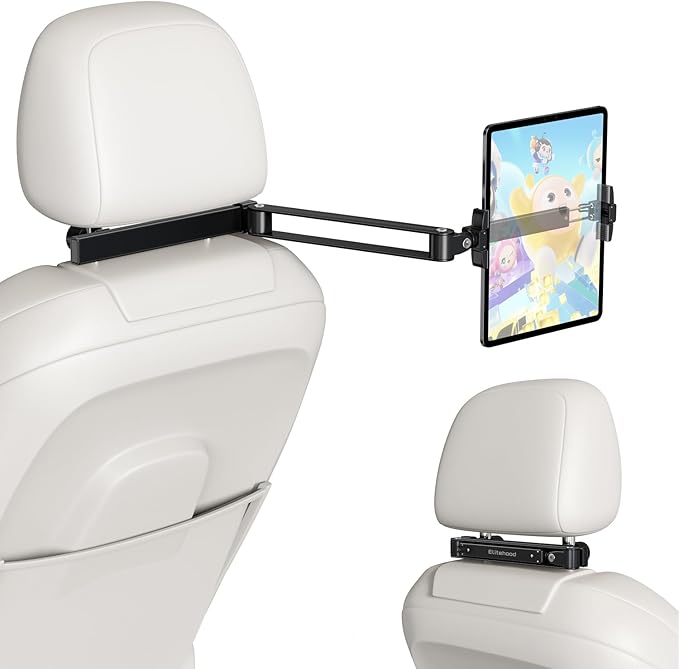 elitehood Headrest Car Tablet Holder - [Long Aluminum Extension Arm] [Ultra-Compact] Foldable iPad Holder for Car Backseat, Road Trip Essentials iPad Back Seat Mount, Tablet Headrest Mount for Kids