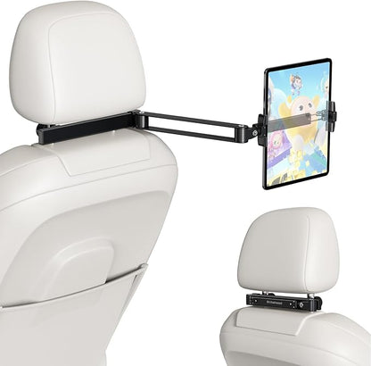 elitehood Headrest Car Tablet Holder - [Long Aluminum Extension Arm] [Ultra-Compact] Foldable iPad Holder for Car Backseat, Road Trip Essentials iPad Back Seat Mount, Tablet Headrest Mount for Kids