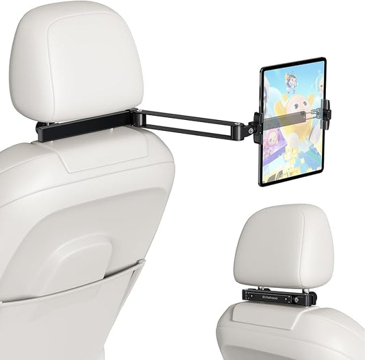 elitehood Headrest Car Tablet Holder - [Long Aluminum Extension Arm] [Ultra-Compact] Foldable iPad Holder for Car Backseat, Road Trip Essentials iPad Back Seat Mount, Tablet Headrest Mount for Kids