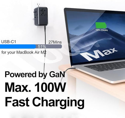 JMFONE GaN 100W Universal Travel Adapter, 5 USB Ports & 2500W AC Socket, USB C Fast Charging Laptops/Tablets/Phones, International Power Adapter with EU UK US AUS Plugs for 200+ Countries