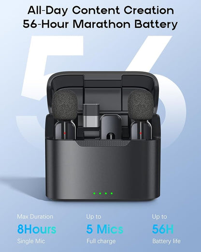 Wireless Mini Microphone for iPhone - 2 Pack Lavalier Microphone for Video Recording, 2 in 1 Noise Reduction Lapel Mic for Ipad, Android,Clip-on Mini Mic with Charging Case