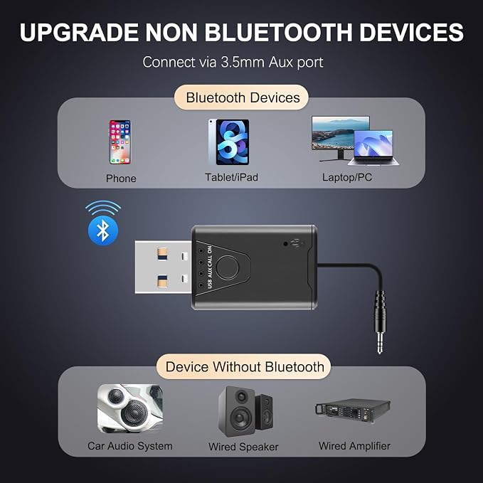 USB Bluetooth 5.4 Adapter for Car, Bluetooth Music Receiver Plug & Play, 3.5mm AUX Jack Car Kit Built-in Microphone for Hands-Free Calling Compatible with Speakers/Home Stereo,USB-Powered