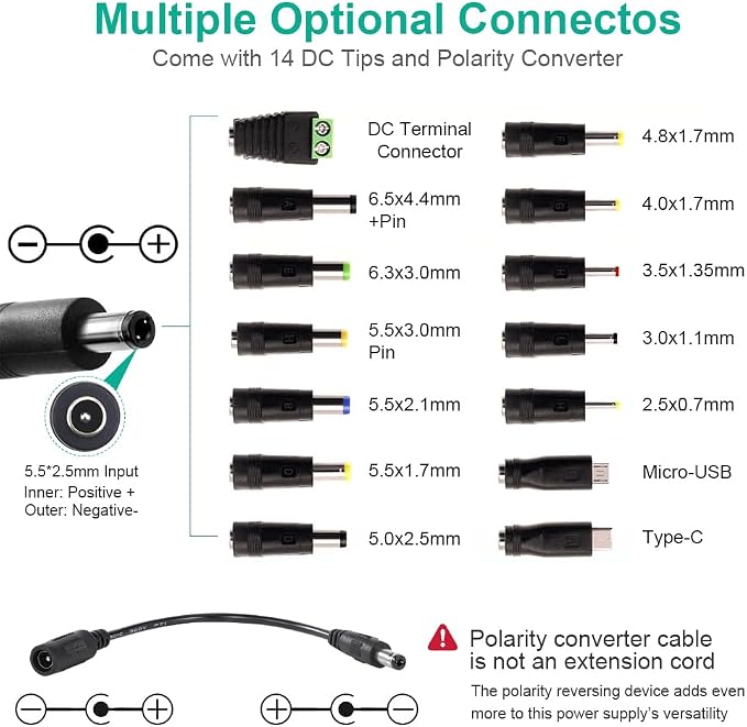 Universal Power Supply 3V~24V 3A 72W Adjustable Variable 3V 5V 6V 9V 12V 15V 18V 20V 24V AC/DC Adapter Charger, 100V-240V AC to DC Converter with 14 Tips and Polarity Converter