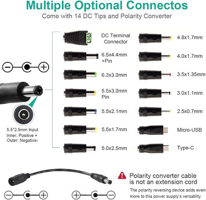 Universal Power Supply 3V~24V 3A 72W Adjustable Variable 3V 5V 6V 9V 12V 15V 18V 20V 24V AC/DC Adapter Charger, 100V-240V AC to DC Converter with 14 Tips and Polarity Converter