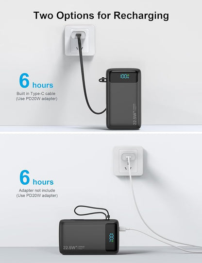 Portable Charger, 27000mAh 22.5W Fast Charging Power Bank with Built-in Cable, USB C Battery Pack with LED Display/Flash Light, Travel Essential External Battery Charger Bank for iPhone Samsung Black